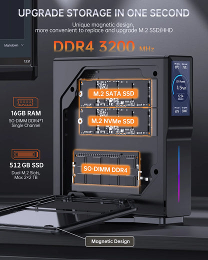 Intel N150 Mini PC by R.E.D. Shopping with LCD screen and NVMe SSD, compact desktop computer for gaming and home use.