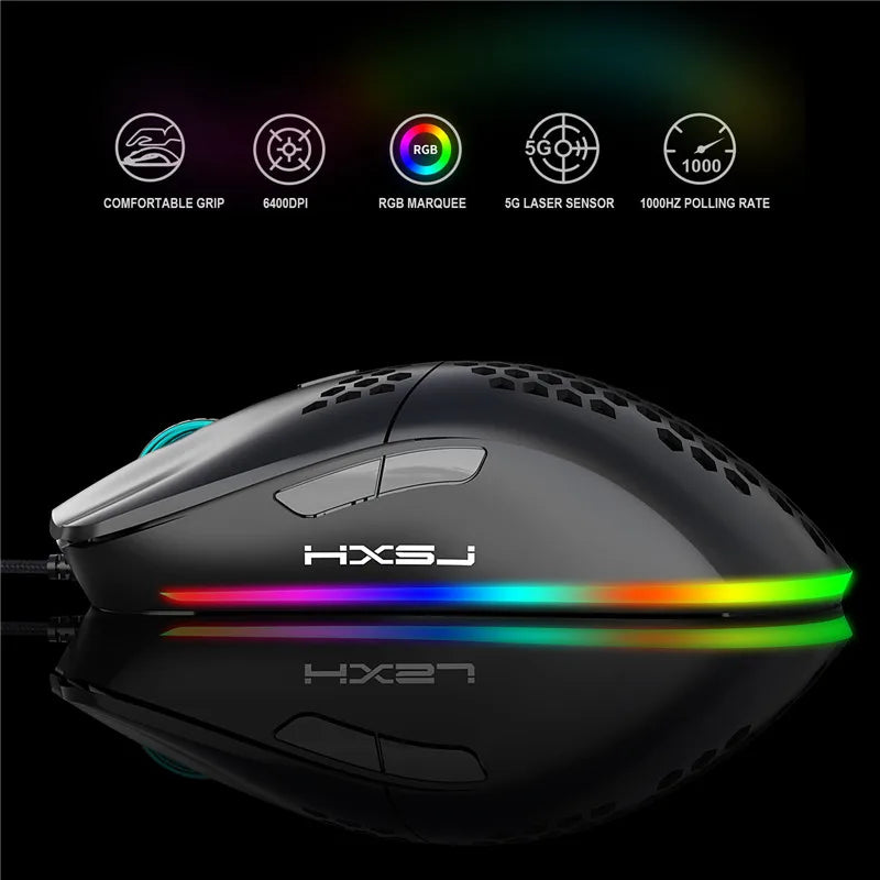 Lightweight R.E.D. Shopping gaming mouse with RGB lighting, honeycomb design, 6400 DPI, wired USB, for computers and laptops.