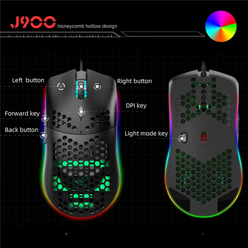 White or black lightweight gaming mouse with RGB lighting, honeycomb design, 6400 DPI, wired connection, and programmable macros.