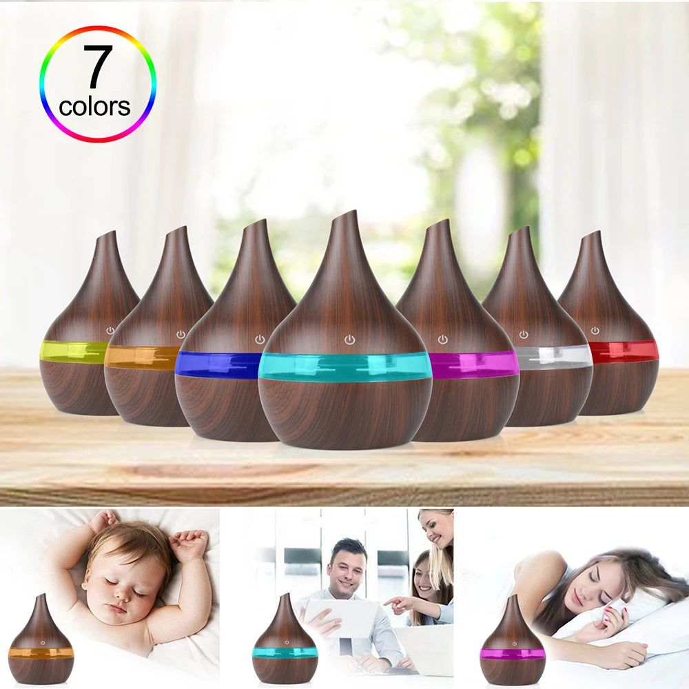 300ml Ultrasonic Humidifier & Aroma Diffuser | Essential Oil | Cool Mist | 7-Color LED | Wood Grain | Home & Office