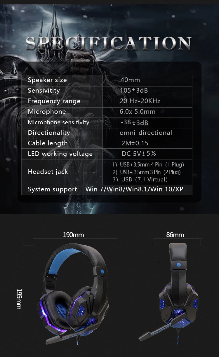 LED Gaming Headset with Microphone – Wired, Bass Stereo for PC, PS4, PS5 & Xbox