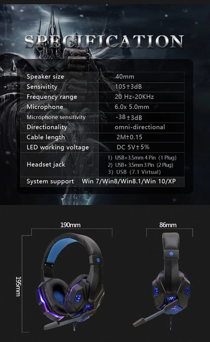 LED Gaming Headset with Microphone – Wired, Bass Stereo for PC, PS4, PS5 & Xbox