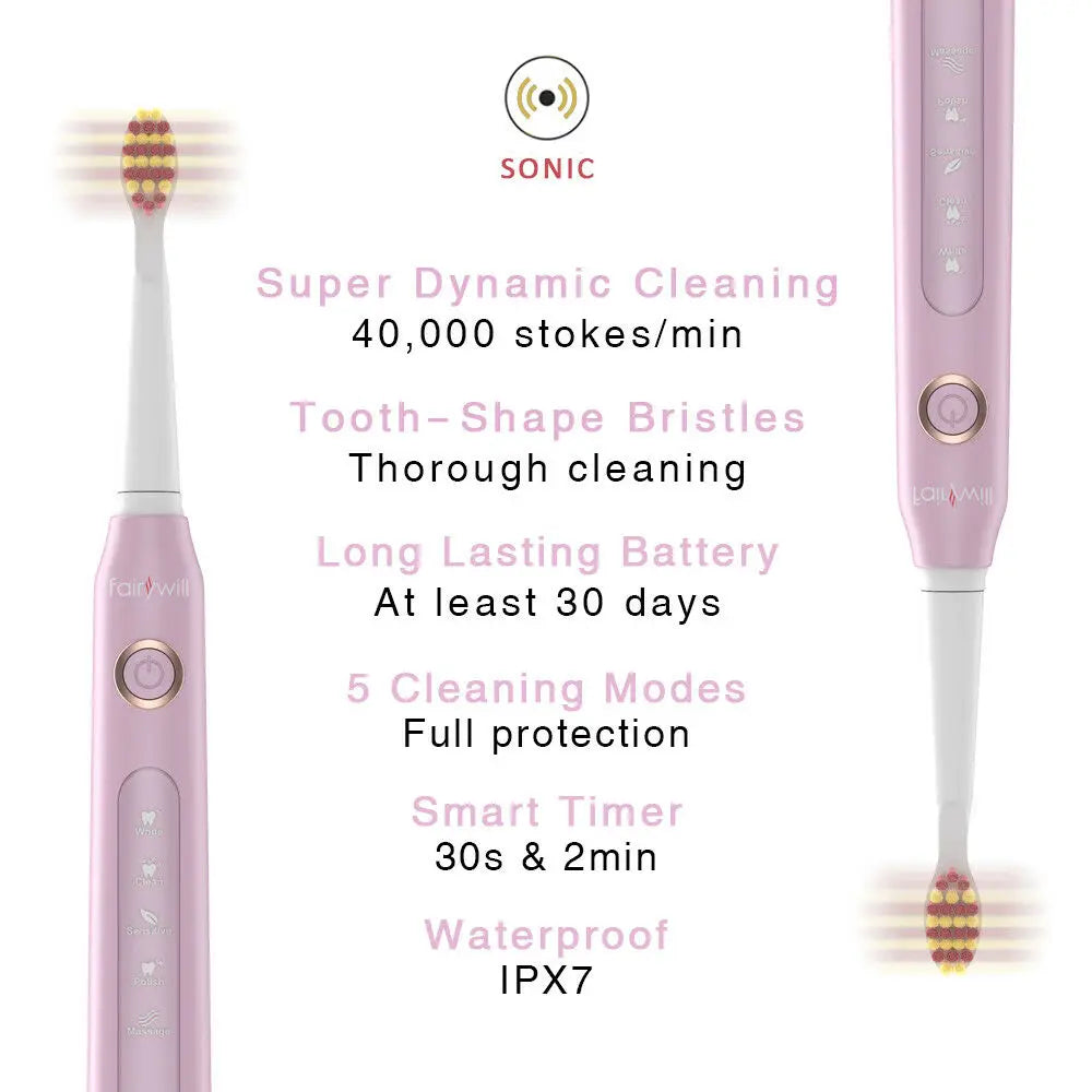 Fairywill FW-D7 Electric Sonic Toothbrush | USB Rechargeable, Waterproof, 8 Replacement Heads