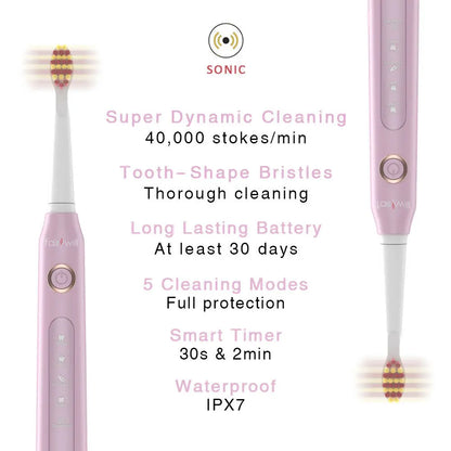 Fairywill FW-D7 Electric Sonic Toothbrush | USB Rechargeable, Waterproof, 8 Replacement Heads