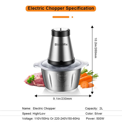 BioloMix 500W Electric Meat Grinder & Food Chopper – 2L Stainless Steel, 2 Speeds, Slicer | 110V / 220V