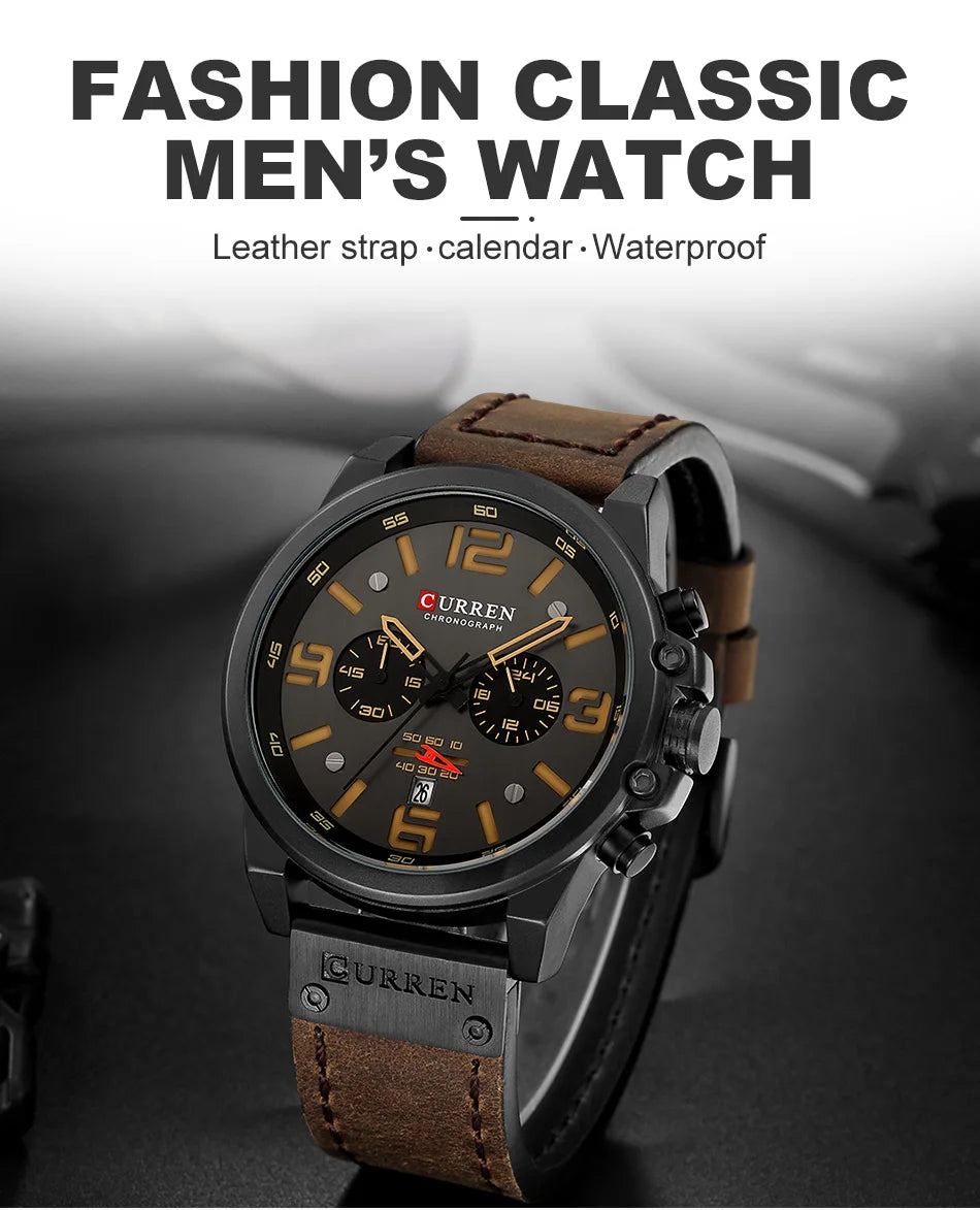 CURREN Men's Luxury Sport Chronograph Watch – Waterproof, Military, Genuine Leather, Quartz