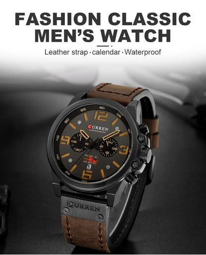 CURREN Men's Luxury Sport Chronograph Watch – Waterproof, Military, Genuine Leather, Quartz