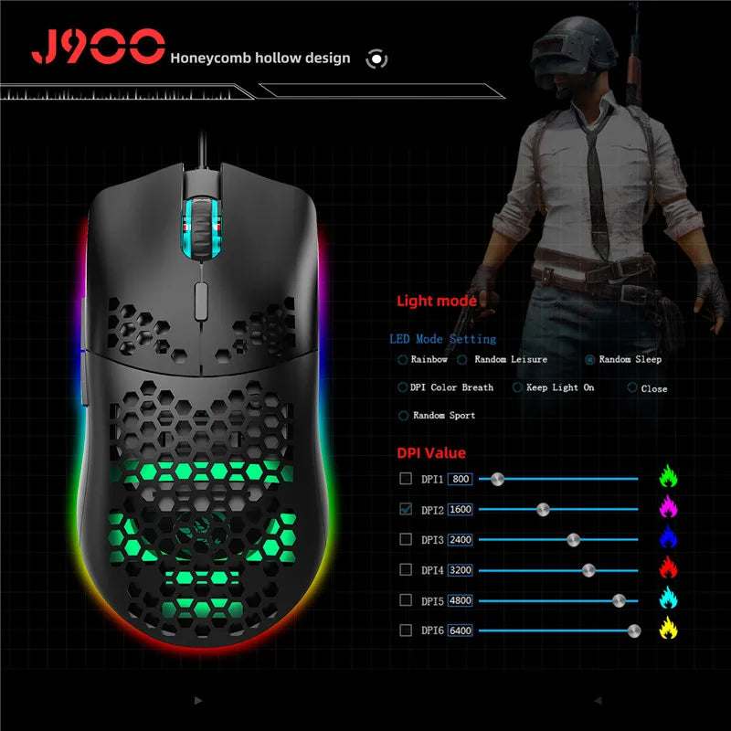 White and black lightweight gaming mouse with RGB lighting, honeycomb design, 6400 DPI, wired USB, macro programming for computers.