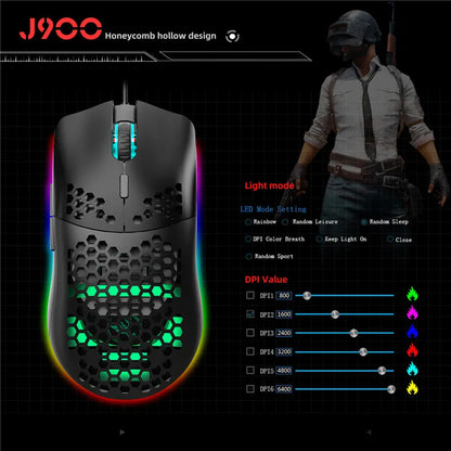 White and black lightweight gaming mouse with RGB lighting, honeycomb design, 6400 DPI, wired USB, macro programming for computers.