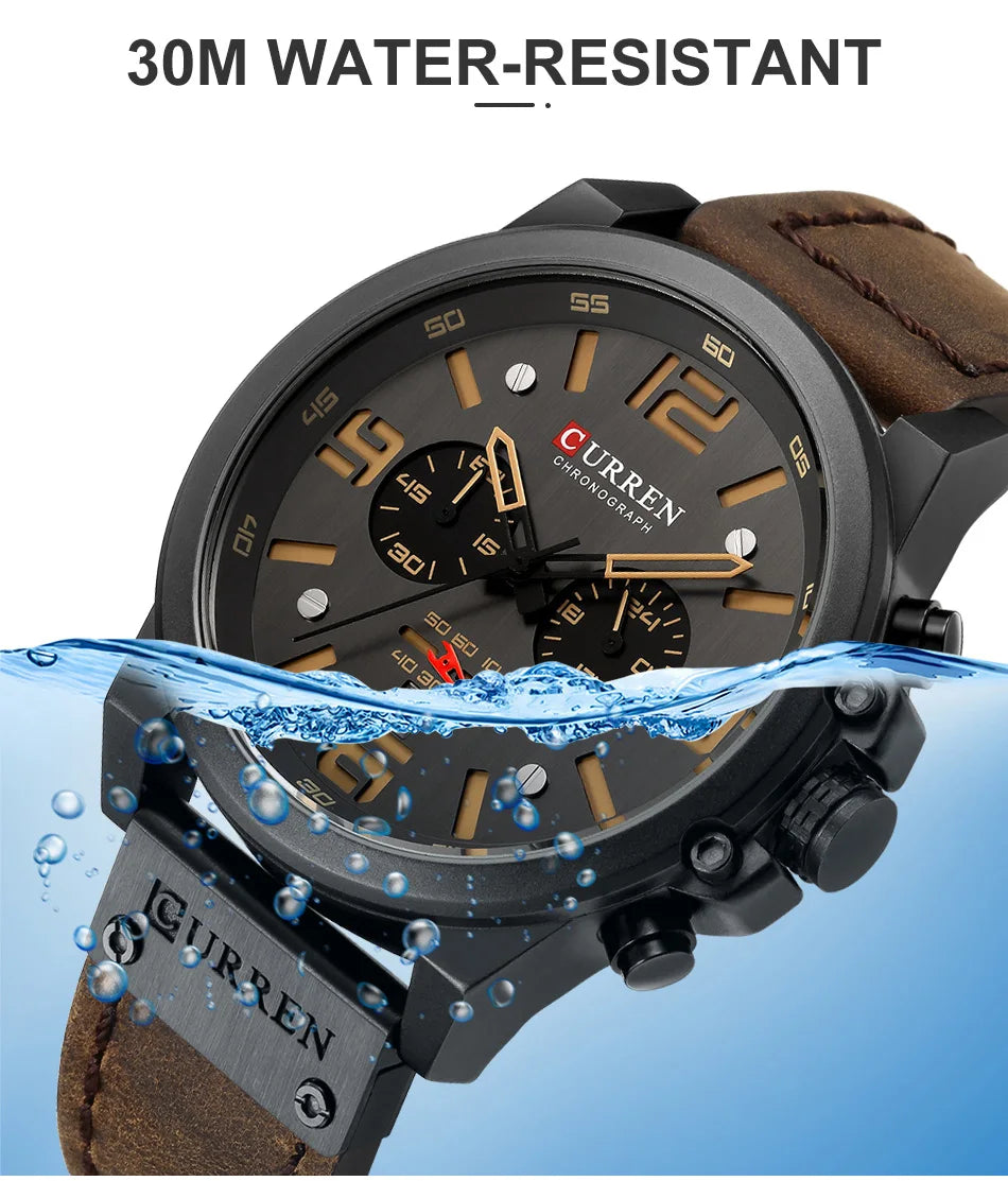 CURREN Men's Luxury Sport Chronograph Watch – Waterproof, Military, Genuine Leather, Quartz