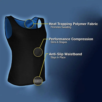 Black neoprene sauna vest by R.E.D. Shopping, a waist trainer and slimming body shaper for men and women, shown on a mannequin.
