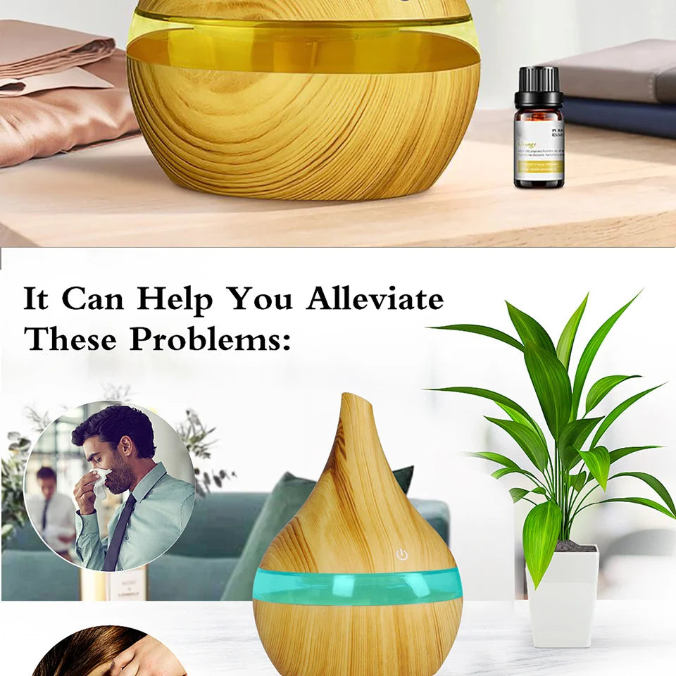 300ml Ultrasonic Humidifier & Aroma Diffuser | Essential Oil | Cool Mist | 7-Color LED | Wood Grain | Home & Office