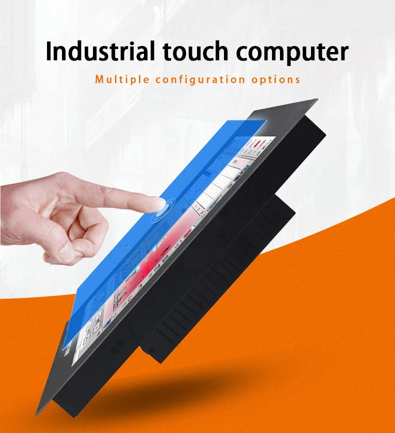 R.E.D. Shopping 10-15 inch industrial all-in-one panel PC with resistive touch screen and Intel Core i3 processor, running Windows 10 Pro.