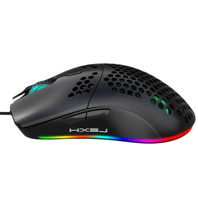High-end lightweight USB gaming mouse with RGB lighting, honeycomb hollow design, 6400 DPI, black or white color, for computers and laptops.