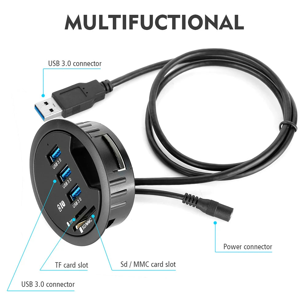 USB Desk Hub 5-in-1 – USB 3.0, Type-C, SD/TF Card Reader, 80cm Cable, Desktop Mount