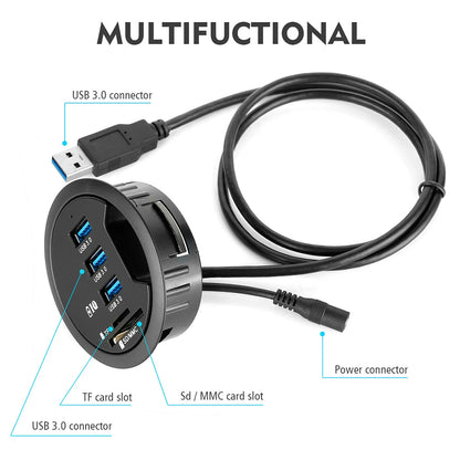 OllyMurs USB 3.0 Desk Hub – 5-in-1, SD/TF, Type-C, 80cm Cable, Desktop Mount