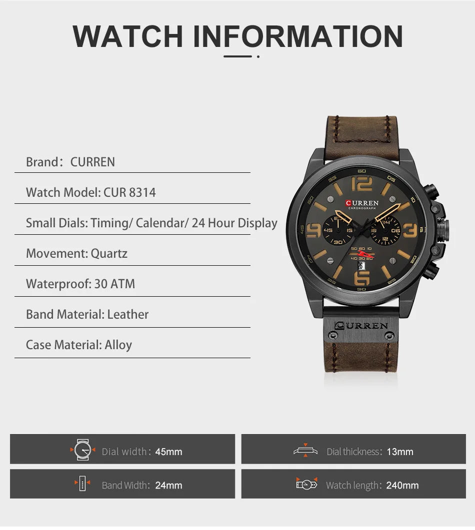 CURREN Men's Luxury Sport Chronograph Watch – Waterproof, Military, Genuine Leather, Quartz