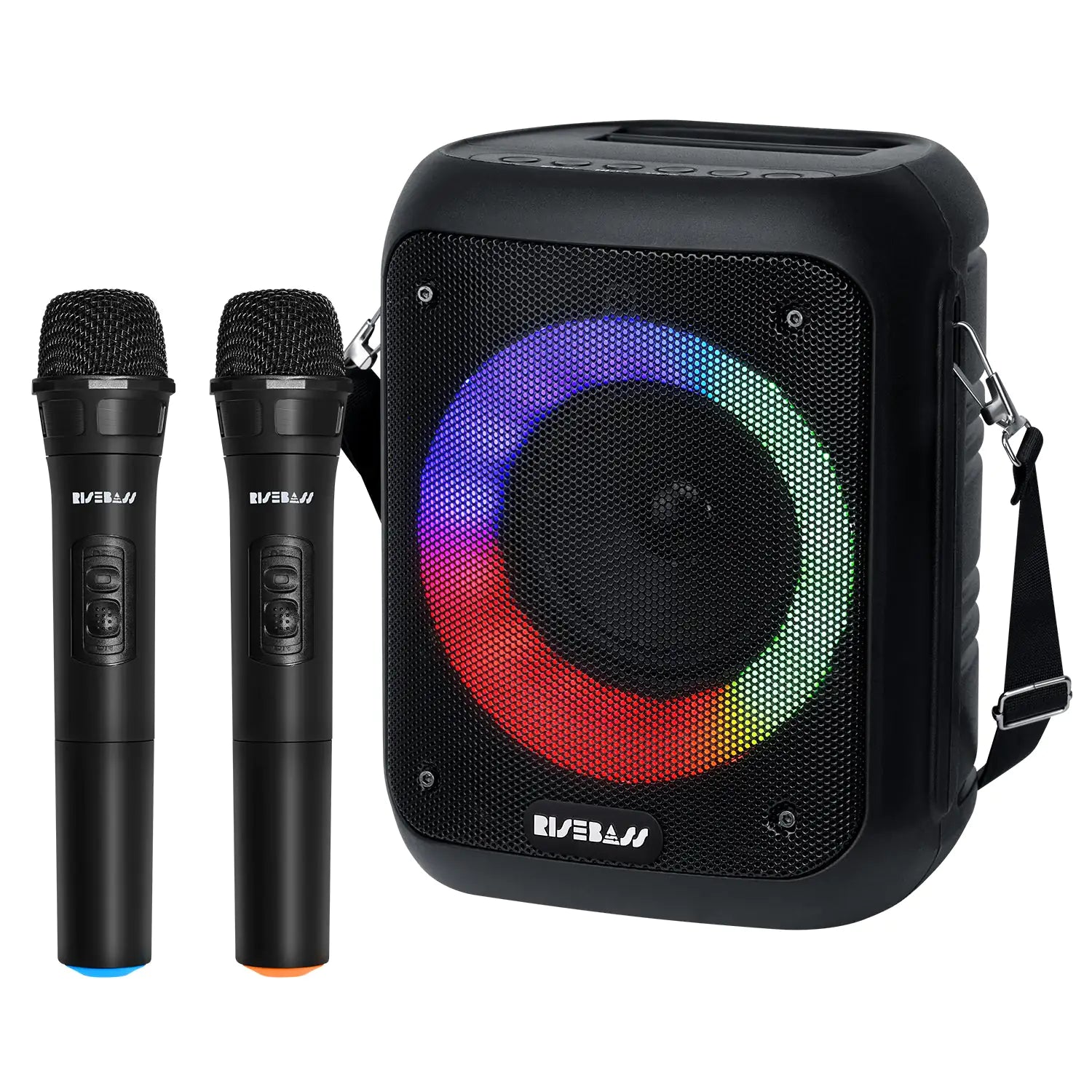 R.E.D. Shopping karaoke machine with microphone and control panel, electronic audio system for singing entertainment.
