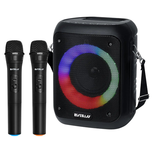 R.E.D. Shopping karaoke machine with microphone and control panel, electronic audio system for singing entertainment.