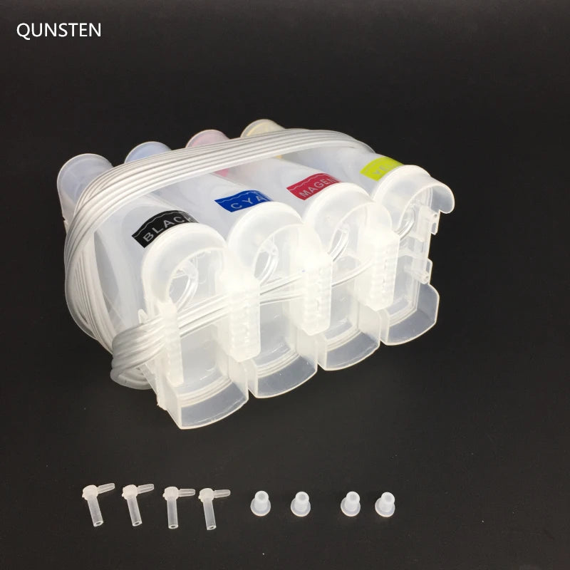 4-Color 85ml CISS continuous ink supply system refill kit for Epson, Canon, HP, Brother printers, with visible ink bottles and connectors.