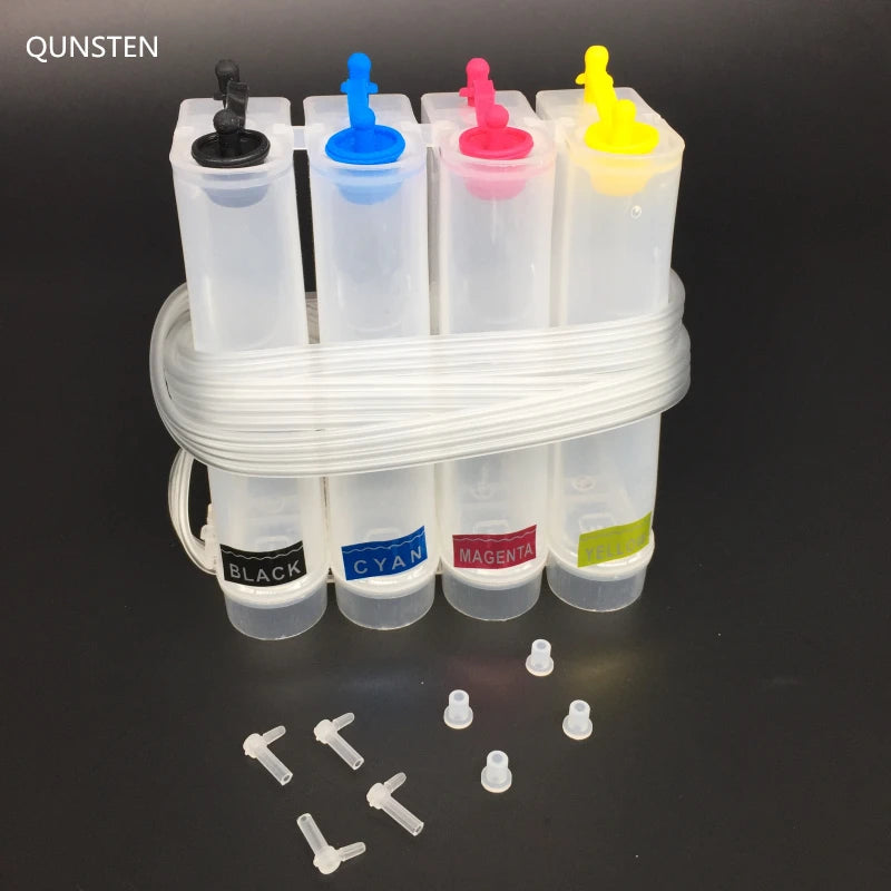 4-color 85ml CISS ink refill kit for Epson, Canon, HP, Brother printers showing ink tanks and tubing in a clear view