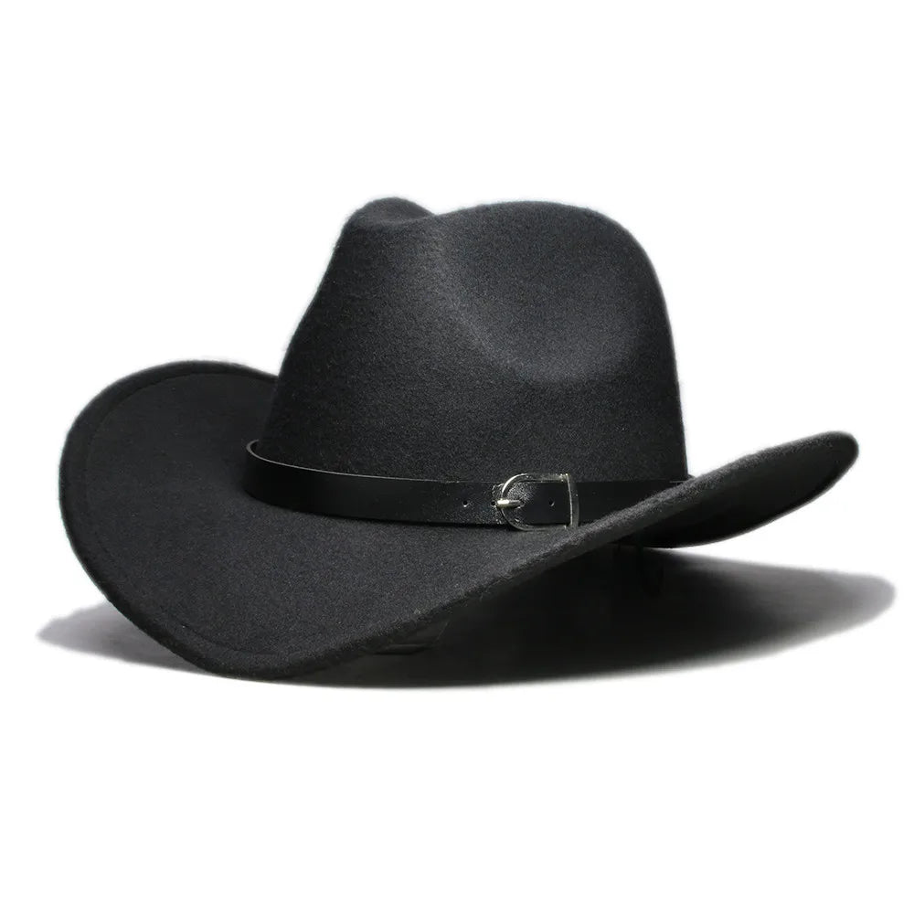 Western leather band cowboy hat with outdoor style, featuring a wide brim and decorative leather band, perfect for western apparel.
