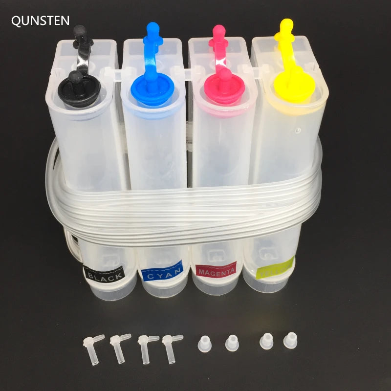 4-color 85ml CISS continuous ink supply system refill kit for Epson, Canon, HP, Brother printers, showing ink tanks and tubing.
