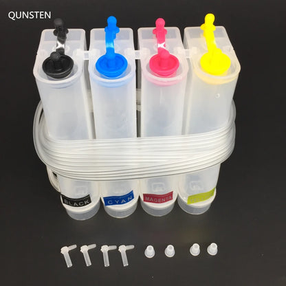 4-color 85ml CISS continuous ink supply system refill kit for Epson, Canon, HP, Brother printers, showing ink tanks and tubing.