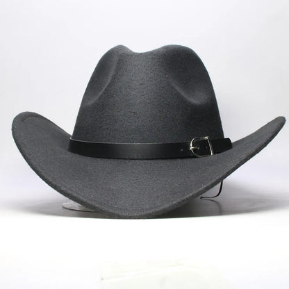 Western leather band cowboy hat with classic outdoor style, featuring a wide brim and leather band detail, suitable for outdoor wear.
