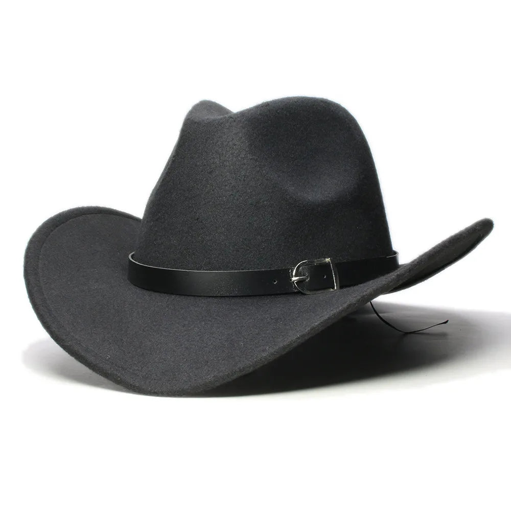Western leather band cowboy hat with classic outdoor style, featuring a wide brim and decorative leather band, ideal for outdoor wear.