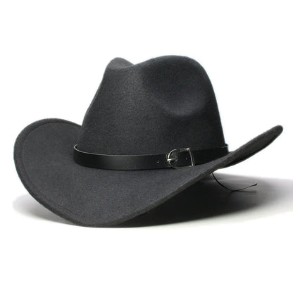 Western leather band cowboy hat with classic outdoor style, featuring a wide brim and decorative leather band, ideal for outdoor wear.