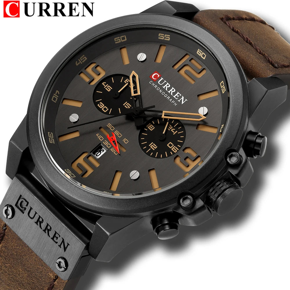 CURREN Men's Luxury Sport Chronograph Watch – Waterproof, Military, Genuine Leather, Quartz