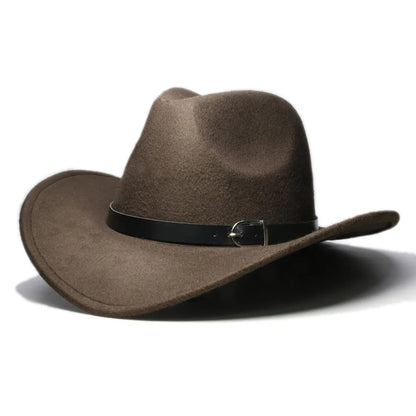 Western leather cowboy hat with wide brim and decorative band, outdoor style accessory by R.E.D. Shopping.