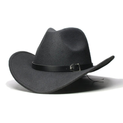Western leather band cowboy hat with classic outdoor style, featuring a wide brim and decorative leather band, perfect for outdoor wear.