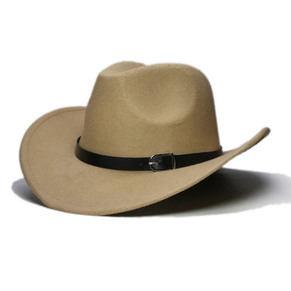 Western leather band cowboy hat with classic outdoor style, featuring a wide brim and leather band, perfect for outdoor wear.