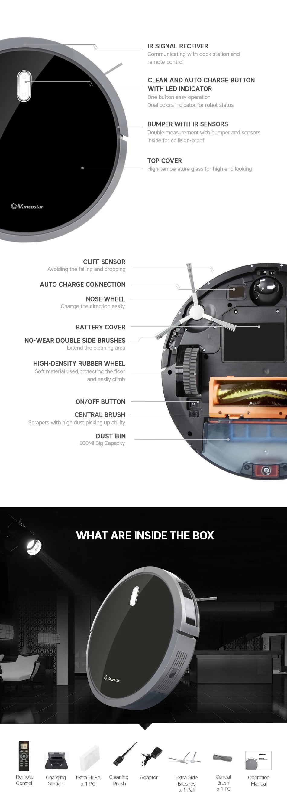 Intelligent Robot Vacuum Cleaner – Large Tank, 5 Modes, 3 Filters, OBS Sensor | Pet Hair & Carpet | Vancostar