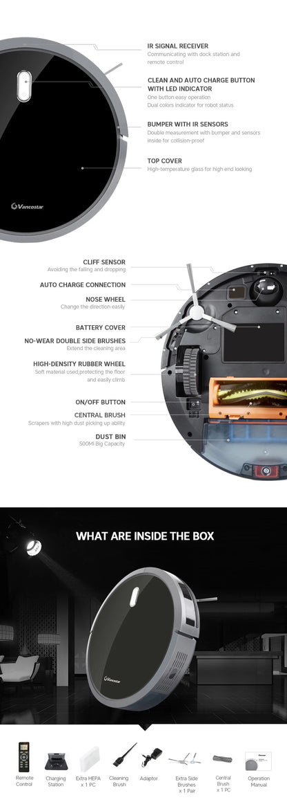 Intelligent Robot Vacuum Cleaner – Large Tank, 5 Modes, 3 Filters, OBS Sensor | Pet Hair & Carpet | Vancostar