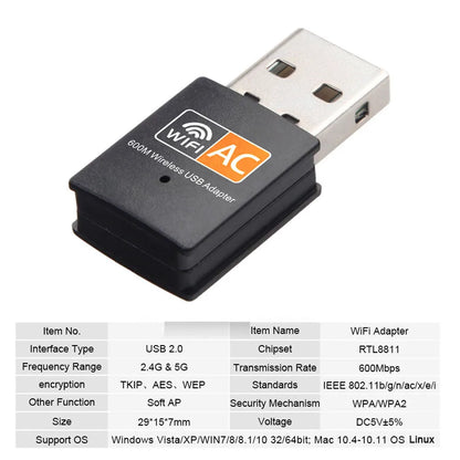 USB WiFi Adapter 600Mbps | Dual Band 2.4G+5G | AC600 Wireless Dongle for PC & Laptop | Windows & Mac