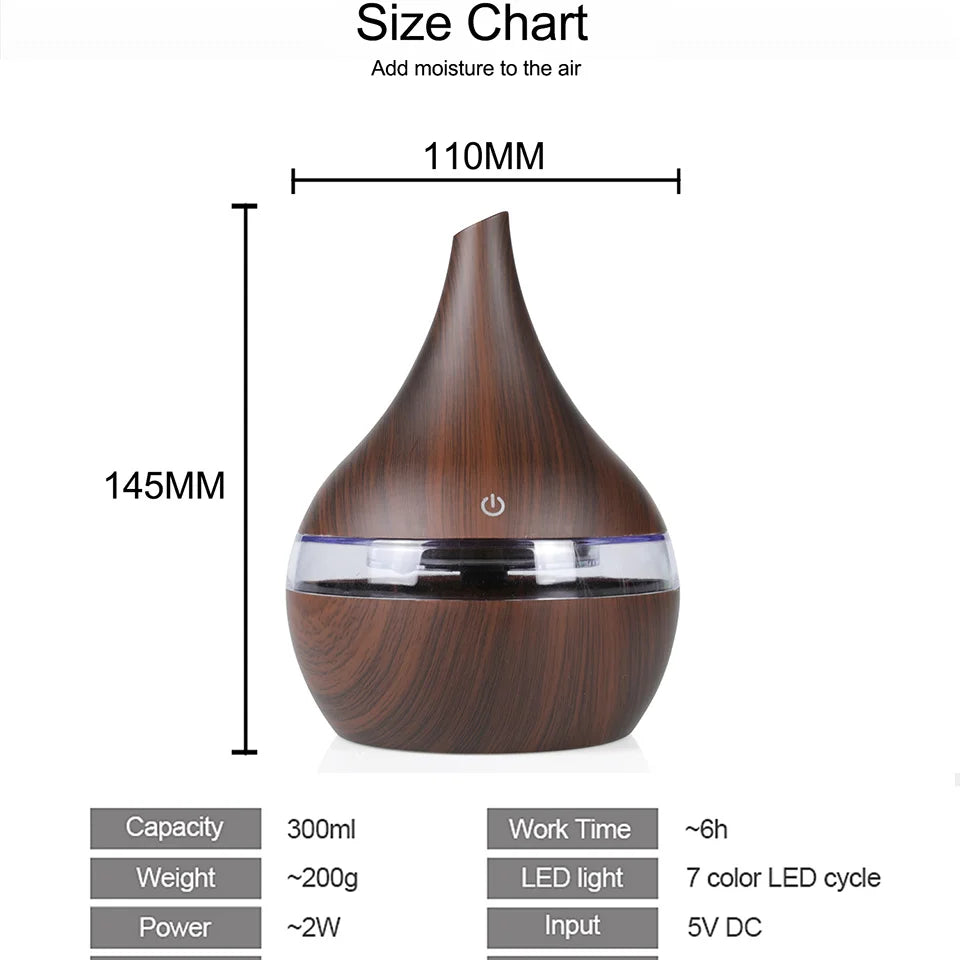 300ml Wood Grain Ultrasonic Humidifier & Aroma Diffuser – USB, 7-Color LED, Silent