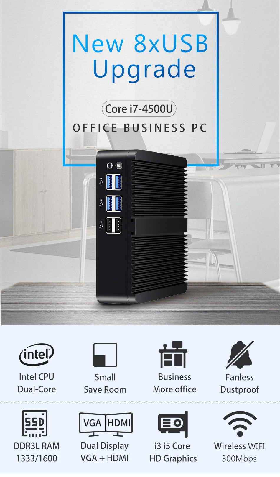 BEBEPC Fanless Mini PC – Intel i7/i5/i3, 8USB, HDMI+VGA, Win10/11 & Linux