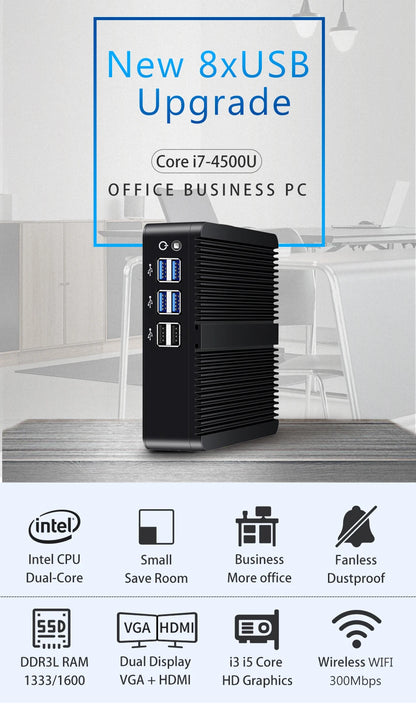 BEBEPC Fanless Mini PC – Intel i7/i5/i3, 8USB, HDMI+VGA, Win10/11 & Linux