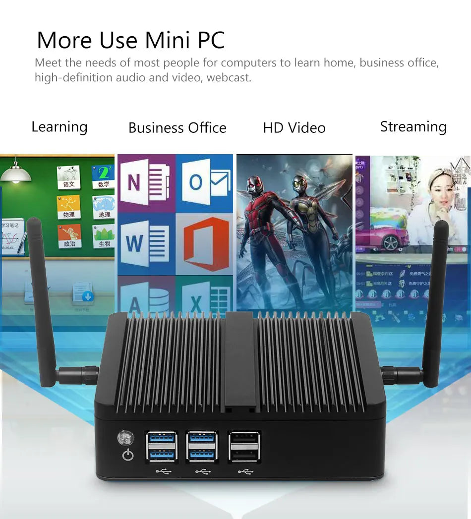 BEBEPC Fanless Mini PC – Intel i7/i5/i3, 8USB, HDMI+VGA, Win10/11 & Linux