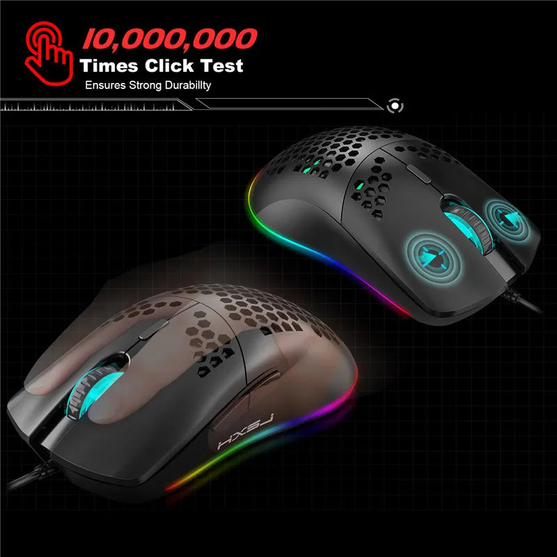 Wireless gaming mouse with RGB lighting, honeycomb design, 6400 DPI, macro programming, in black or white for computers and laptops.