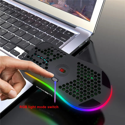 White and black lightweight gaming mouse with honeycomb design, RGB lighting, 6400 DPI, wired, for computers and laptops.