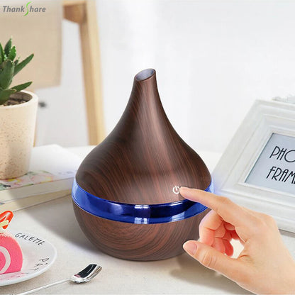 300ml Wood Grain Ultrasonic Humidifier & Aroma Diffuser – USB, 7-Color LED, Silent