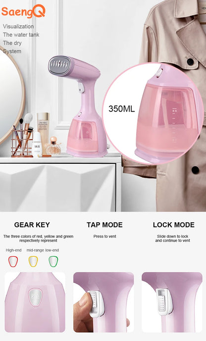 saengQ 1500W Handheld Garment Steamer | Portable Travel Steam Iron | 280ml | Fast Heat | EU Plug | Blue / Violet / Pink