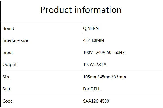 Dell 45W laptop charger adapter for XPS 13, Inspiron, Vostro with 19.5V 2.31A power, 4.5x3.0mm connector.