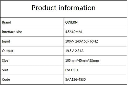Dell 45W laptop charger adapter for XPS 13, Inspiron, Vostro with 19.5V 2.31A power, 4.5x3.0mm connector.