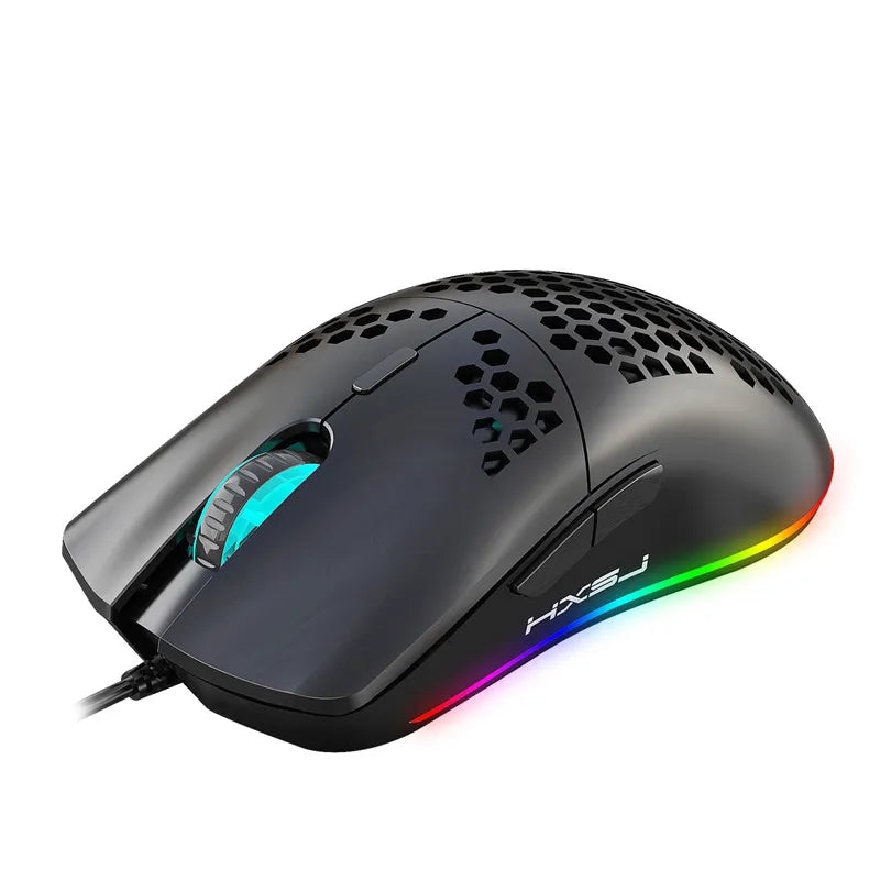 White and black lightweight gaming mouse with honeycomb design, RGB lighting, 6400 DPI, wired USB, and macro programming for computers.