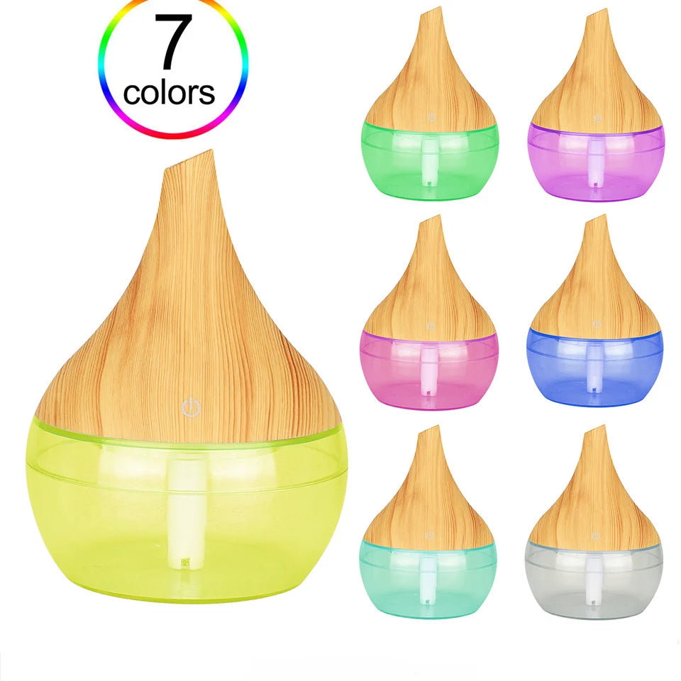 300ml Ultrasonic Humidifier & Aroma Diffuser | Essential Oil | Cool Mist | 7-Color LED | Wood Grain | Home & Office